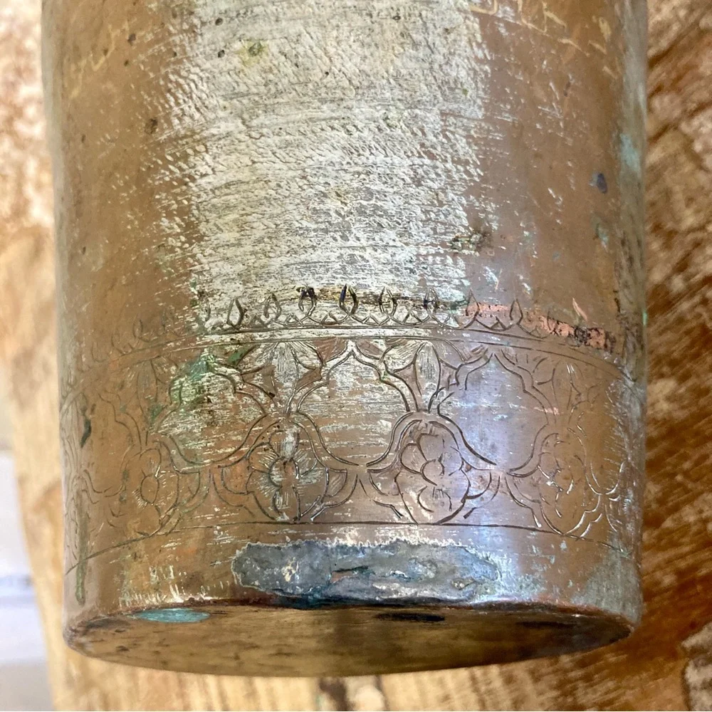 Hand Etched Vintage Metal Pitcher with Lid and Dovetail Joinery Middle Eastern